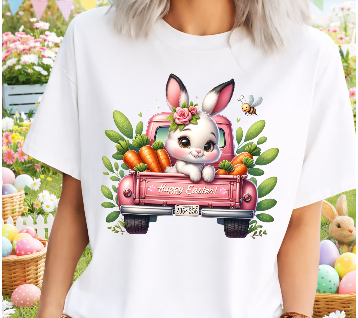Easter 9 - Cute Bunny with Carrots and Pink Truck, Easter Shirt