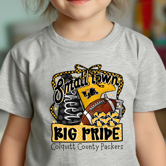 Youth/Toddler Small Town Cheer Big Pride Shirt – Colquitt County Packers Football & Spirit Tee – Black & Gold Game Day Design