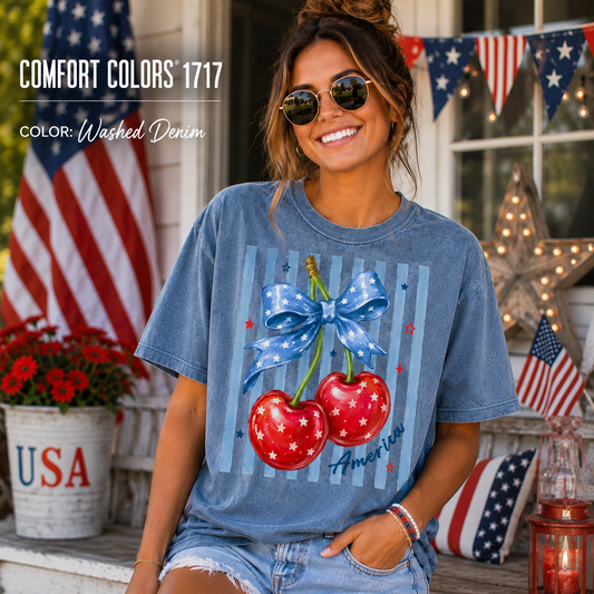 Patriotic Cherries Shirt | American Flag Cherry Bow Tee | USA Summer Graphic T-Shirt | Fourth of July Shirt (Adult and Kids Available)