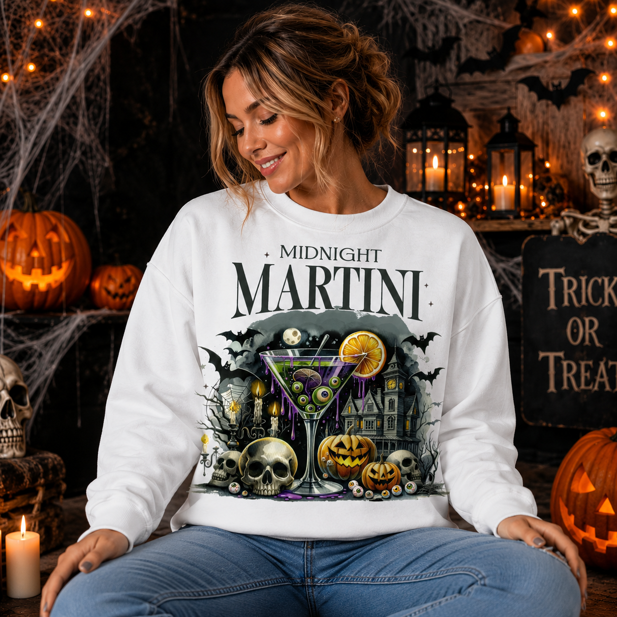 Midnight Martini Halloween Sweatshirt, Funny Halloween Cocktail Sweatshirt, Spooky Season Graphic Crewneck, Women's Fall Sweatshirt