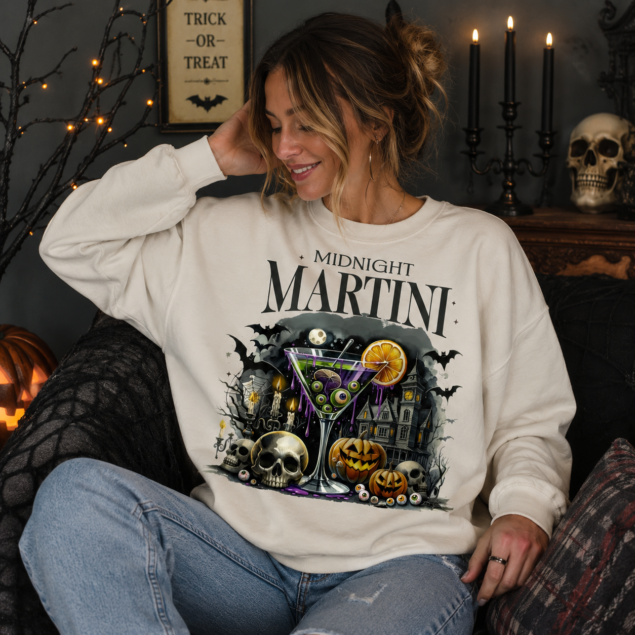 Midnight Martini Halloween Sweatshirt, Funny Halloween Cocktail Sweatshirt, Spooky Season Graphic Crewneck, Women's Fall Sweatshirt