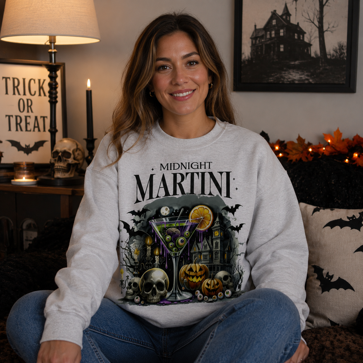 Midnight Martini Halloween Sweatshirt, Funny Halloween Cocktail Sweatshirt, Spooky Season Graphic Crewneck, Women's Fall Sweatshirt