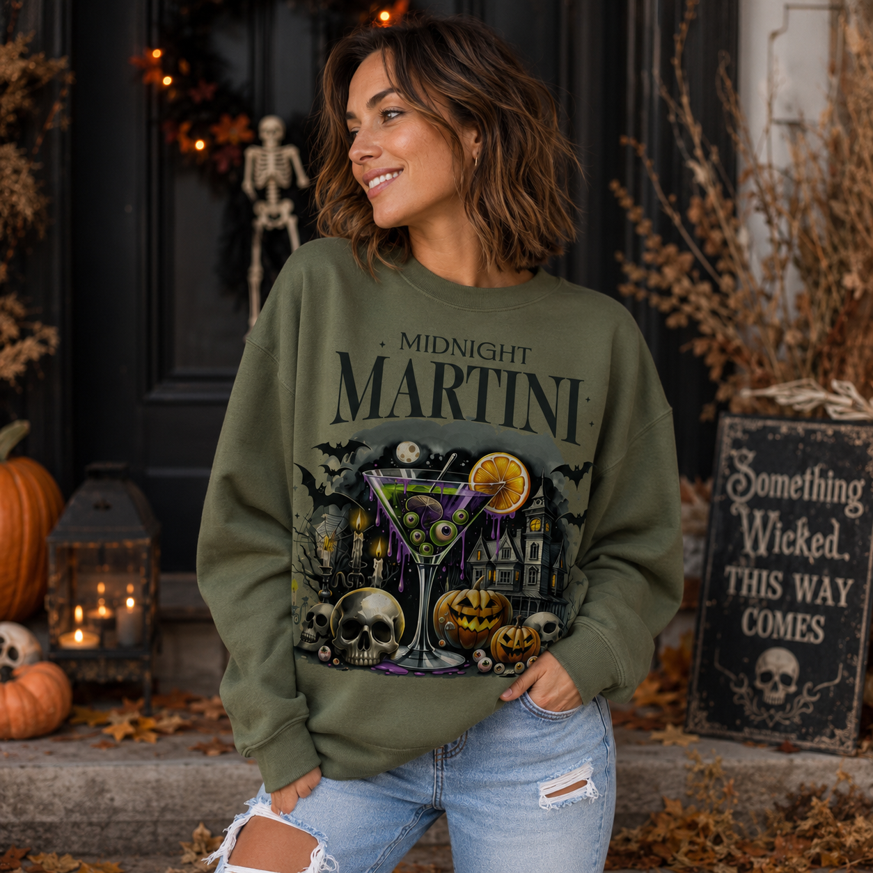 Midnight Martini Halloween Sweatshirt, Funny Halloween Cocktail Sweatshirt, Spooky Season Graphic Crewneck, Women's Fall Sweatshirt