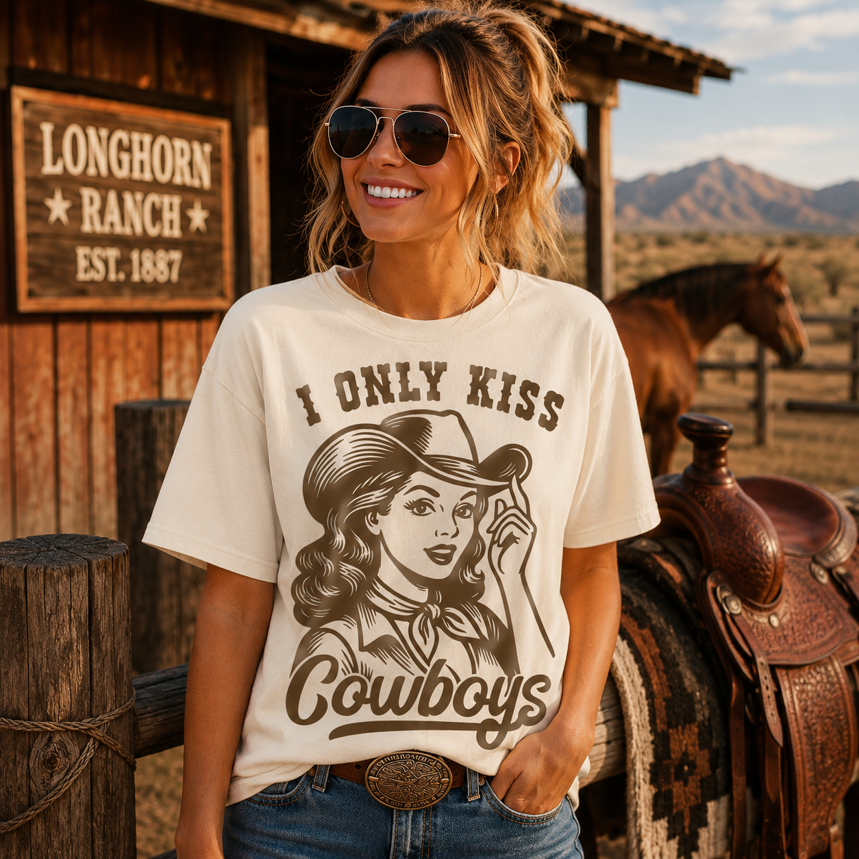 I Only Kiss Cowboys Shirt | Western Cowgirl Graphic Tee | Country Girl T-Shirt | Cowboy Lover Western Apparel
