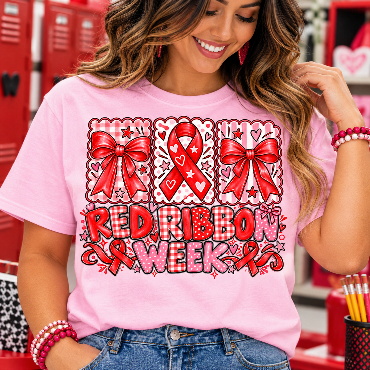 Preppy Red Ribbon Week T-Shirt | Pink Gingham Bow & Drug Free Awareness Shirt