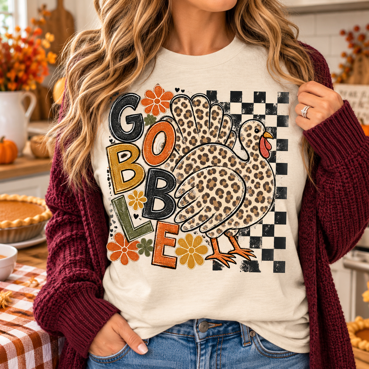 Retro Gobble Shirt, Leopard Print Turkey T-Shirt, Vintage Checkered Thanksgiving Tee, Boho Fall Graphic Top for Women