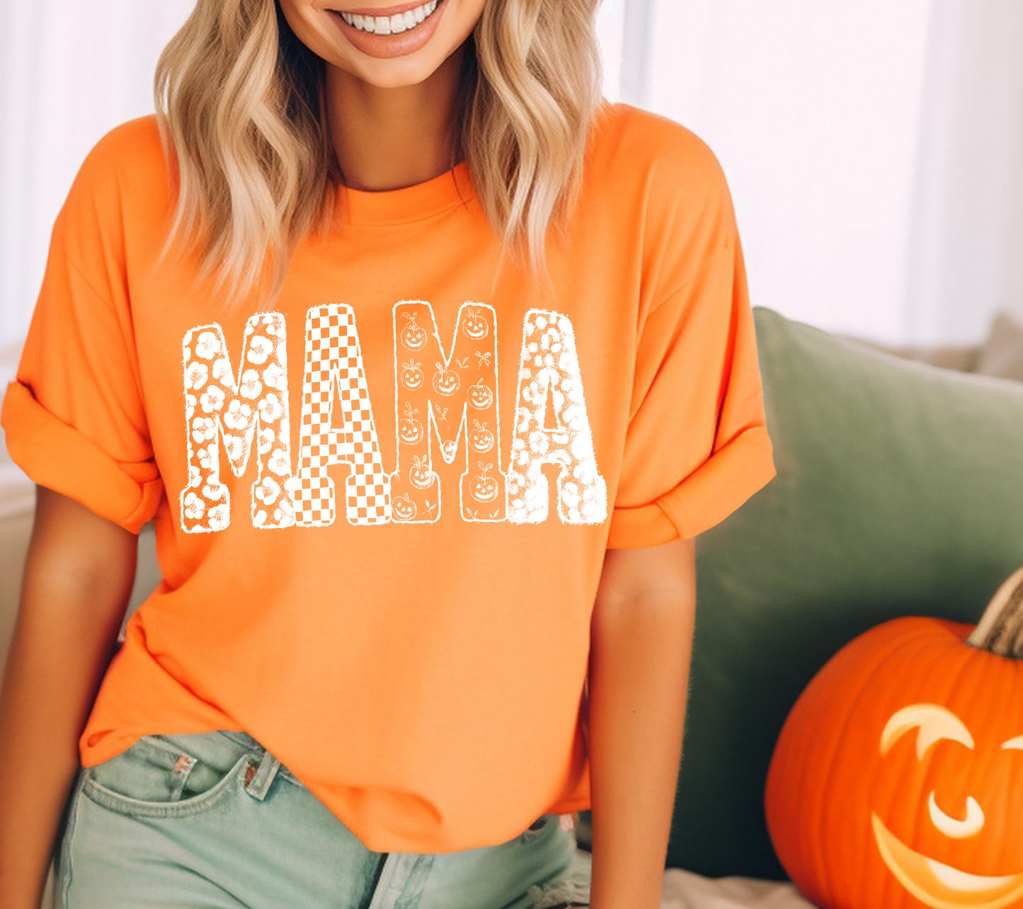 Halloween Mama Tee – White Pumpkin, Checkered & Leopard Print Graphic Shirt (04 white)