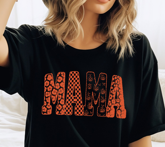 Halloween Mama Graphic Tee – Spooky Pumpkin, Leopard & Checkered Print Shirt (04 Orange)