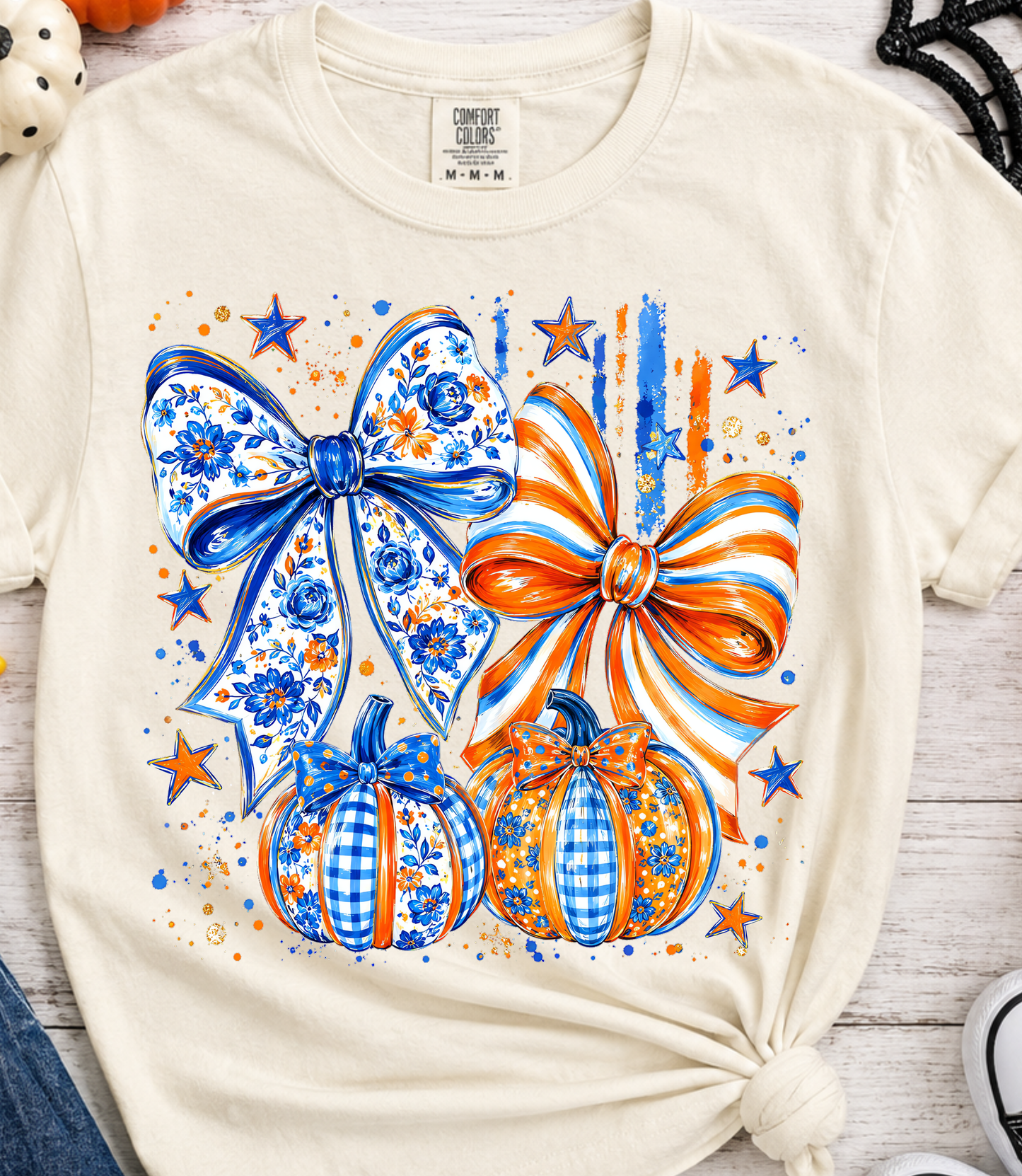 Pumpkin Bow Shirt | Orange Blue Fall Tee | Floral Pumpkin Shirt | Coquette Fall Shirt | Gingham Pumpkin Tee | Cute Autumn Shirt