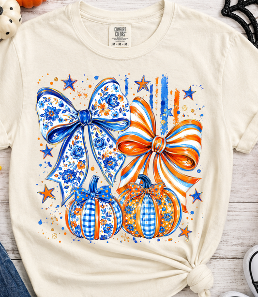 Pumpkin Bow Shirt | Orange Blue Fall Tee | Floral Pumpkin Shirt | Coquette Fall Shirt | Gingham Pumpkin Tee | Cute Autumn Shirt