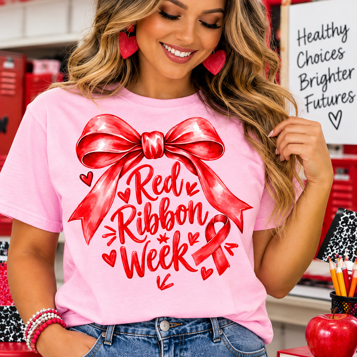 Red Ribbon Week Pink Bow T-Shirt | Cute Drug Free Awareness Tee