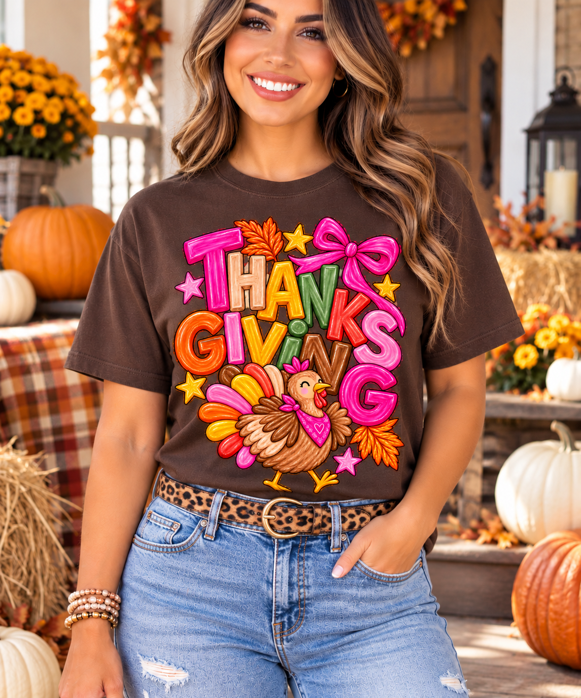 Colorful Thanksgiving Turkey Graphic Tee | Pink Bow