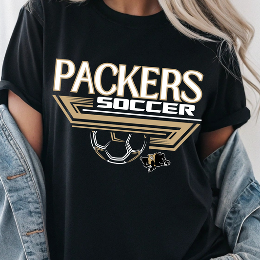 Packers Soccer Shirt | Colquitt County School Spirit Soccer T-Shirt | Black & Gold Unisex Fan Tee (White Ink)