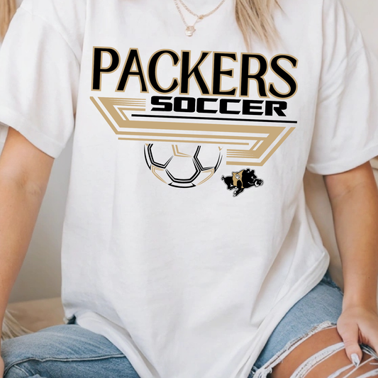 Packers Soccer Shirt | Colquitt County Black & Gold Soccer Spirit Tee | Game Day Fan T-Shirt for Players, Parents & Supporters (Black Ink)