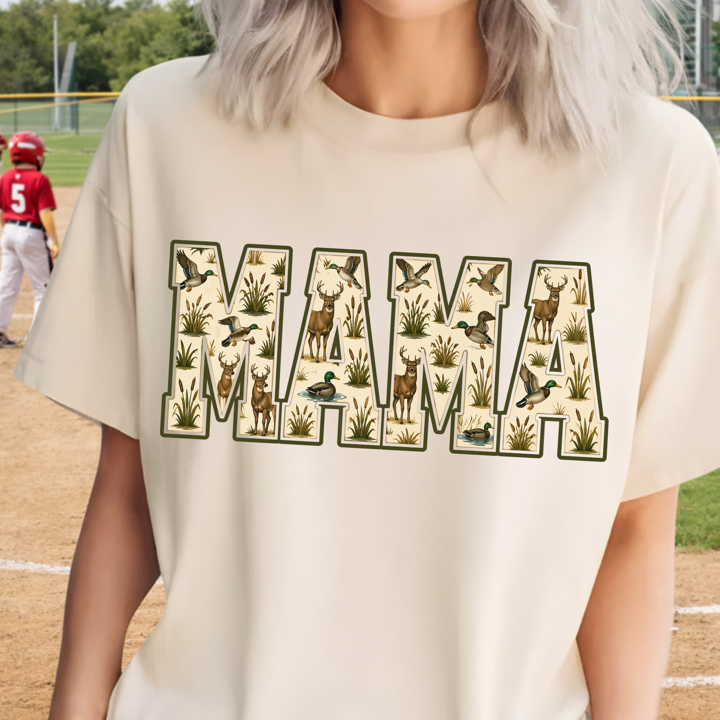Custom Hunting Mama Graphic T-Shirt, Personalized Deer Duck Camo Mom Tee, Custom Name Mama Shirt for Women (Ivory)