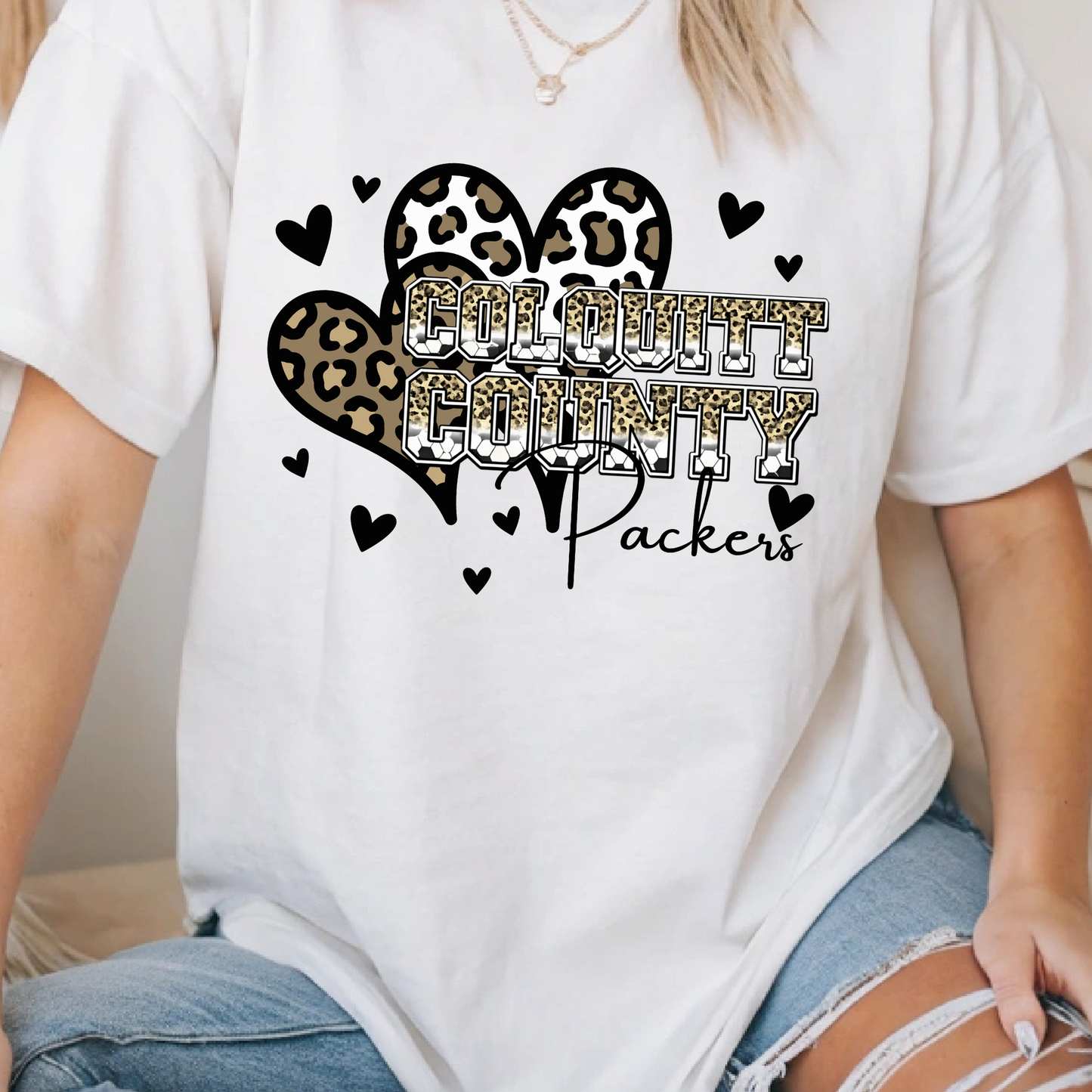 Colquitt County Packers Shirt | Leopard Print Hearts School Spirit Tee | Black & Gold Game Day Fan Shirt