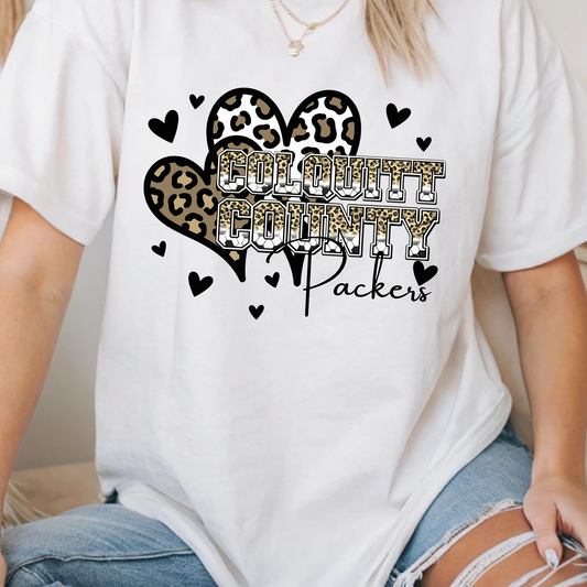 Colquitt County Packers Shirt | Leopard Print Hearts School Spirit Tee | Black & Gold Game Day Fan Shirt