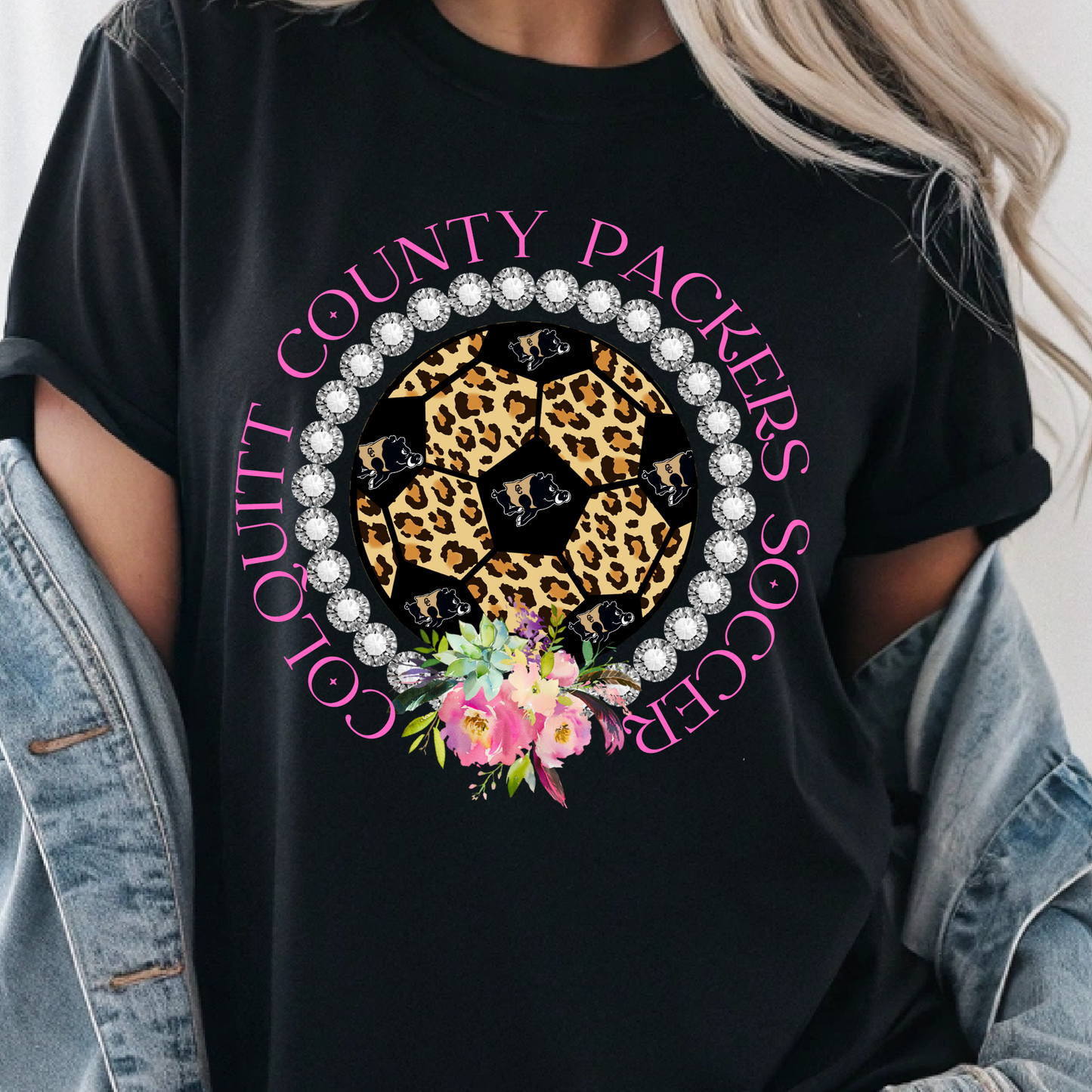 Colquitt County Packers Soccer Shirt | Leopard Print Soccer Spirit Tee with Bling | Pink Game Day Fan Shirt