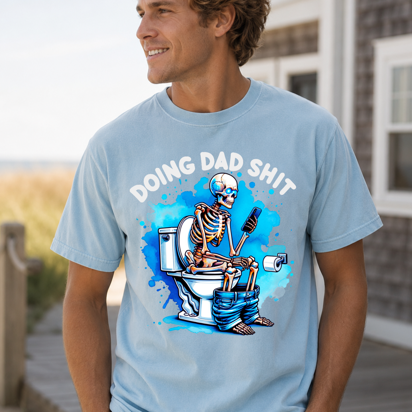 Doing Dad Sh*t Shirt, Funny Dad Graphic Tee, Skeleton Toilet Shirt, Humor Dad Shirt, Fathers Day Gift for Dad, Sarcastic Dad Tee (White Ink)