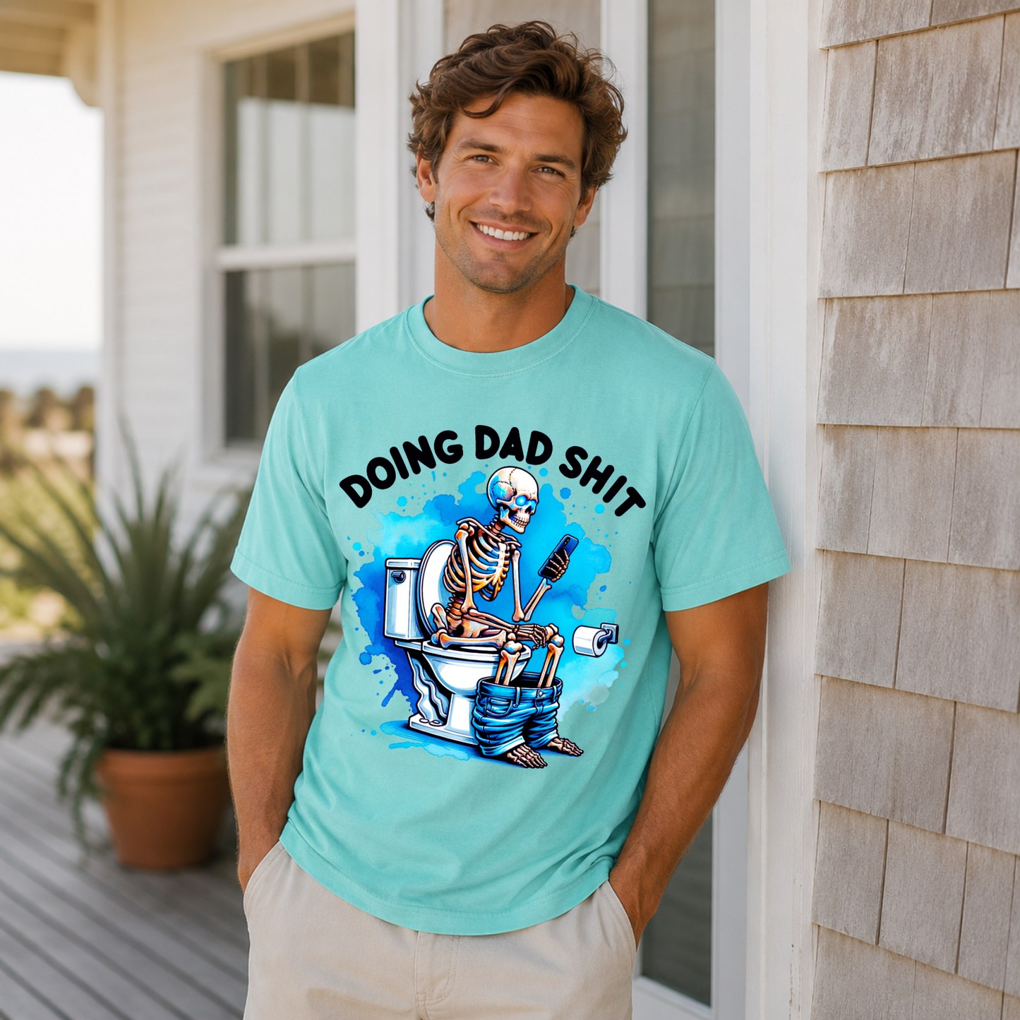 Doing Dad Sh*t Shirt, Funny Dad Graphic Tee, Skeleton Toilet Shirt, Humor Dad Shirt, Fathers Day Gift for Dad, Sarcastic Dad Tee (Black Ink)