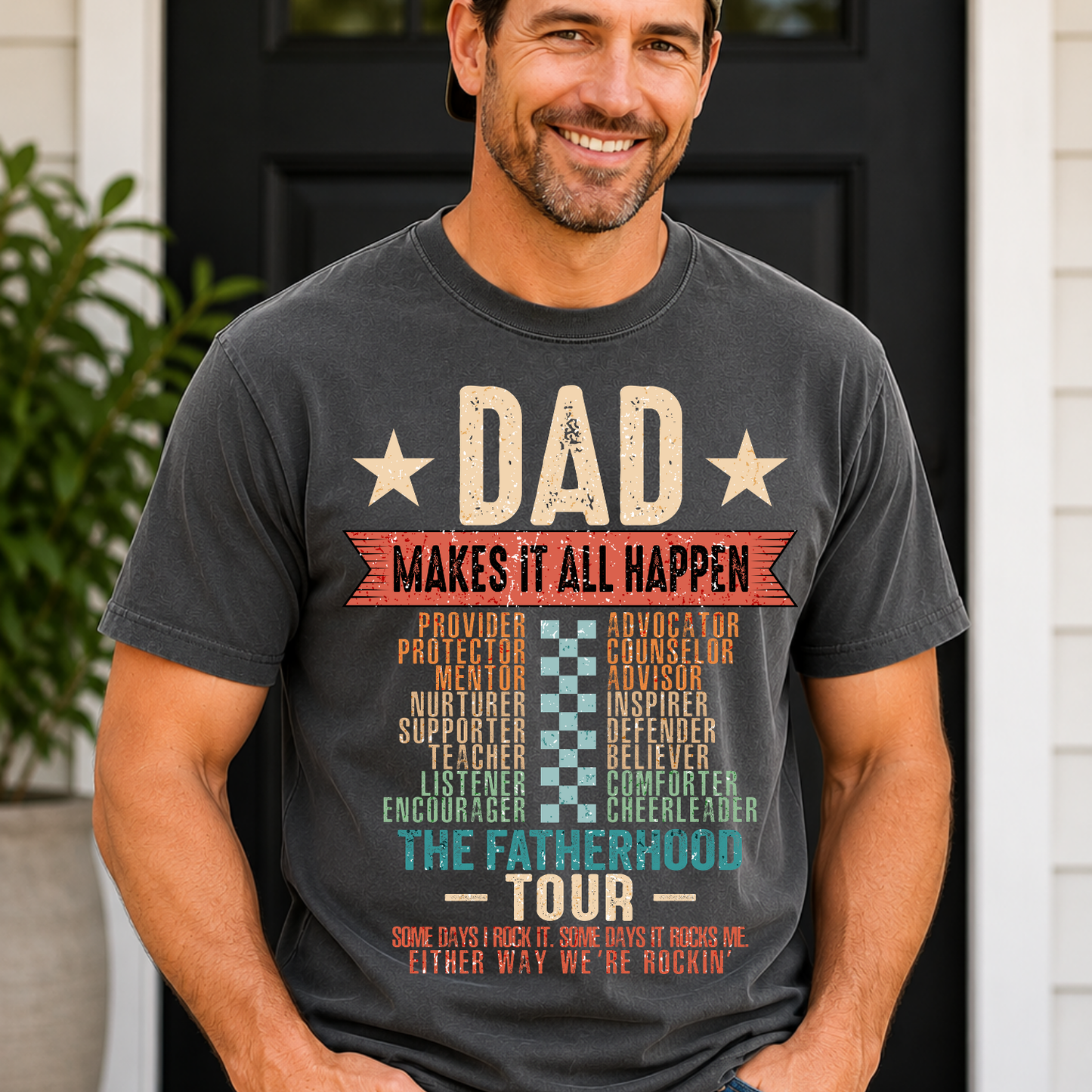 Dad Makes It All Happen Shirt, Fatherhood Tour Tee, Funny Dad Graphic Shirt, Father’s Day Gift for Dad, Cool Vintage Dad Tee