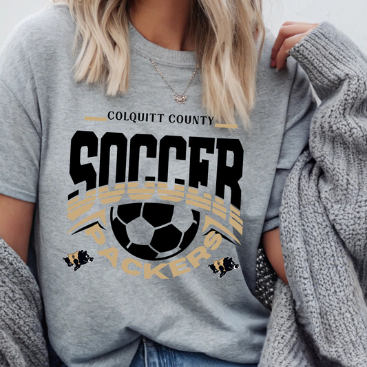 Colquitt County Packers Soccer Shirt | Black & Gold School Spirit Soccer T-Shirt | Unisex Fan & Game Day Tee (Black Ink)