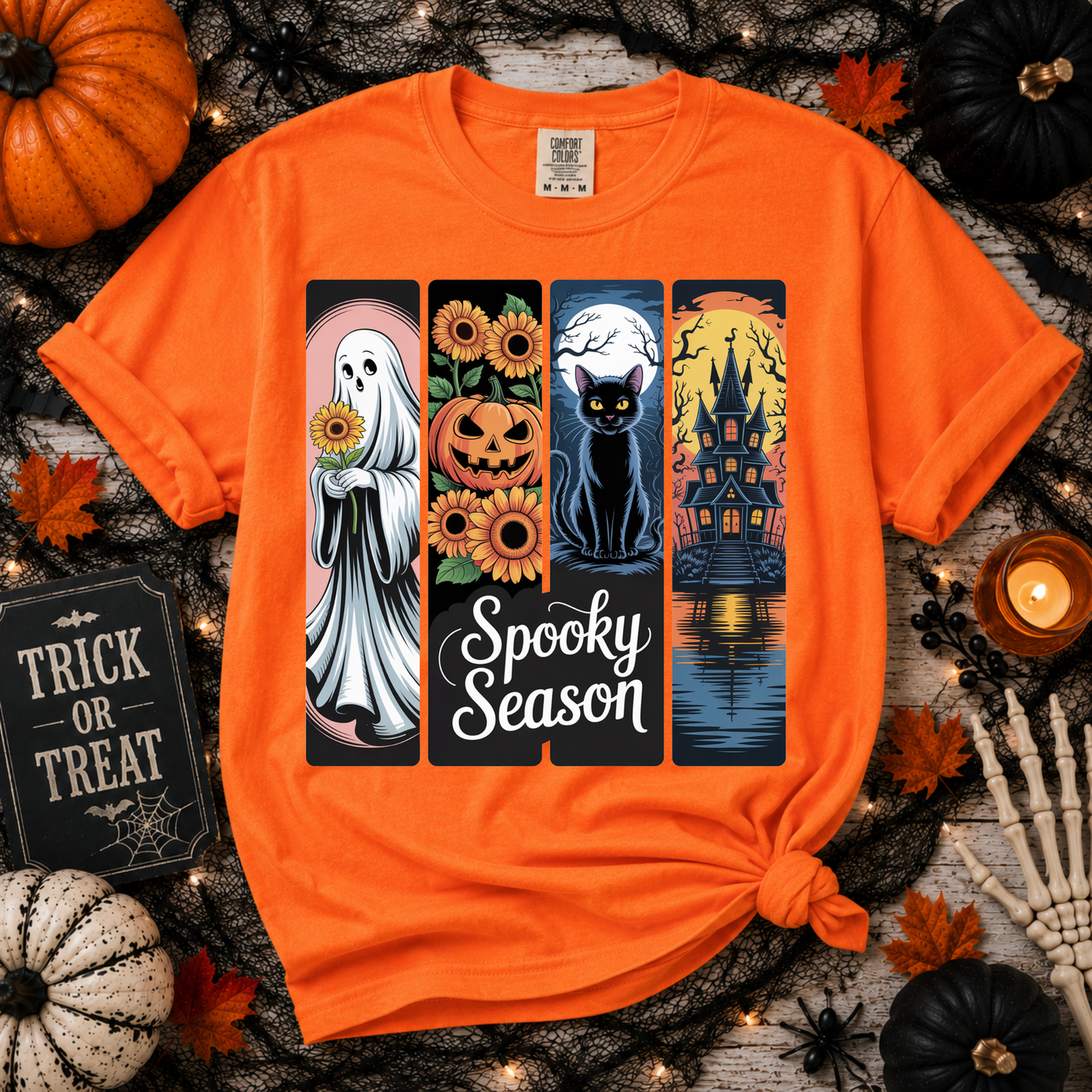 Spooky Season Halloween Shirt | Ghost Pumpkin Black Cat Haunted House Tee | Cute Fall Halloween Graphic T-Shirt