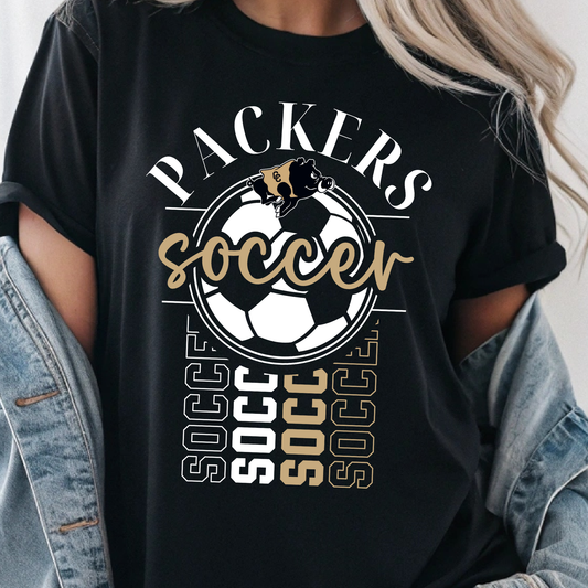 Packers Soccer Shirt | School Spirit Soccer T-Shirt | Black & Gold Team Soccer Tee | Unisex Fan Shirt (White Ink)