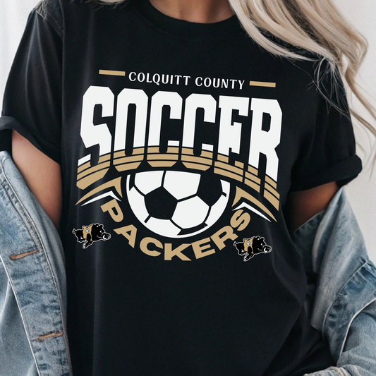 Colquitt County Packers Soccer Shirt | Black & Gold School Spirit Soccer T-Shirt | Unisex Game Day Fan Tee (White Ink)