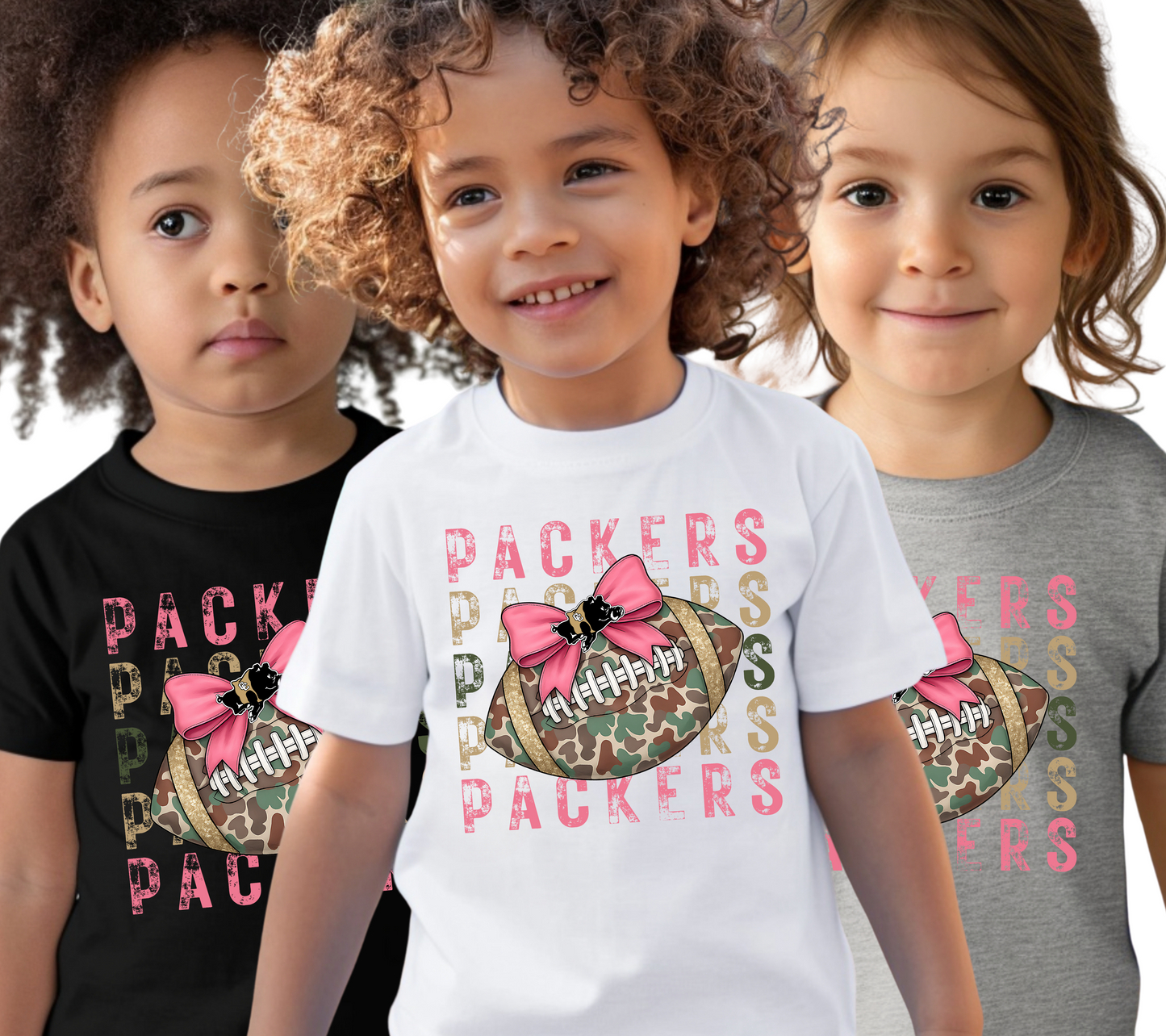 Youth/Toddler Colquitt County Packers - Girls Like Camo Too – Youth Packers Football T-Shirt with Pink Bow