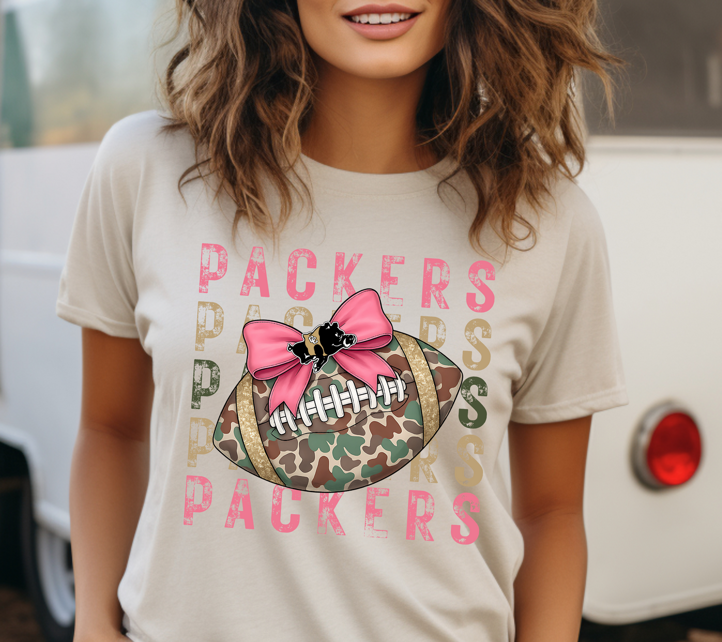 Colquitt County "Packers Camo Football Bow Tee | Cute Game Day Shirt for Ladies"