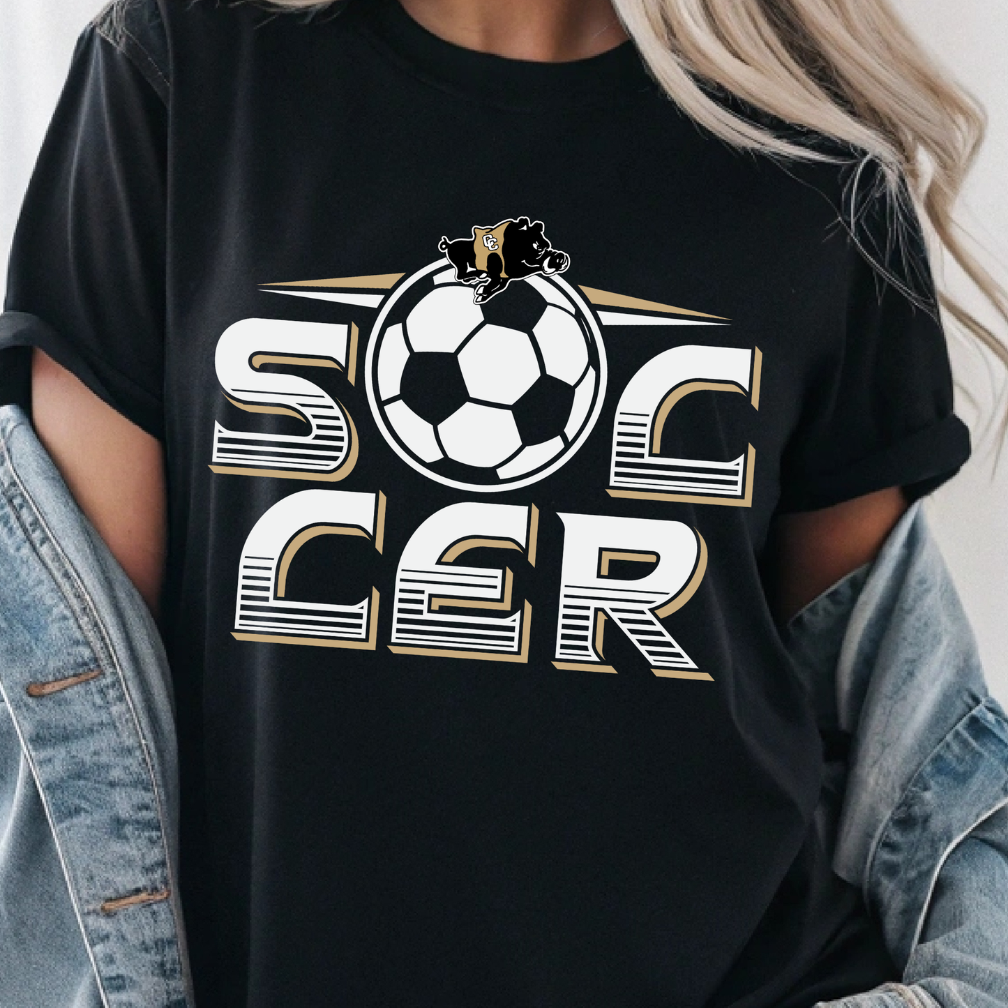 Colquitt County Soccer Shirt | Packers School Spirit Soccer T-Shirt | Black & Gold Unisex Fan Tee (White Ink)