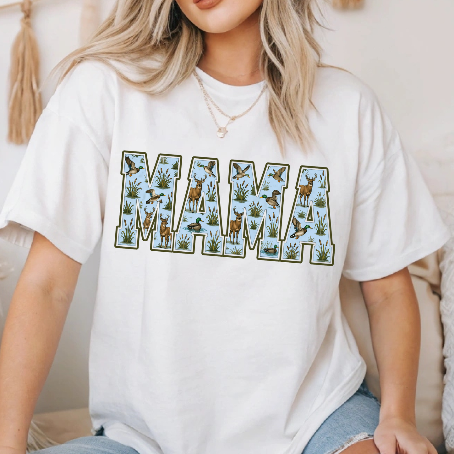 Custom Hunting Mama Graphic T-Shirt, Personalized Deer Duck Camo Mom Tee, Custom Name Mama Shirt for Women (Blue)