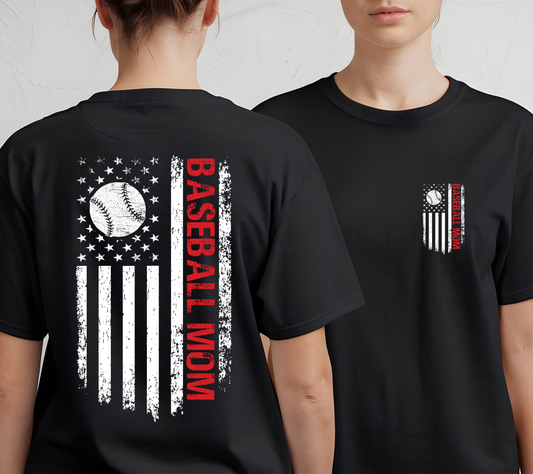 Baseball Mom Flag Shirt | Patriotic Baseball Mom Tee | Front & Back Game Day Shirt