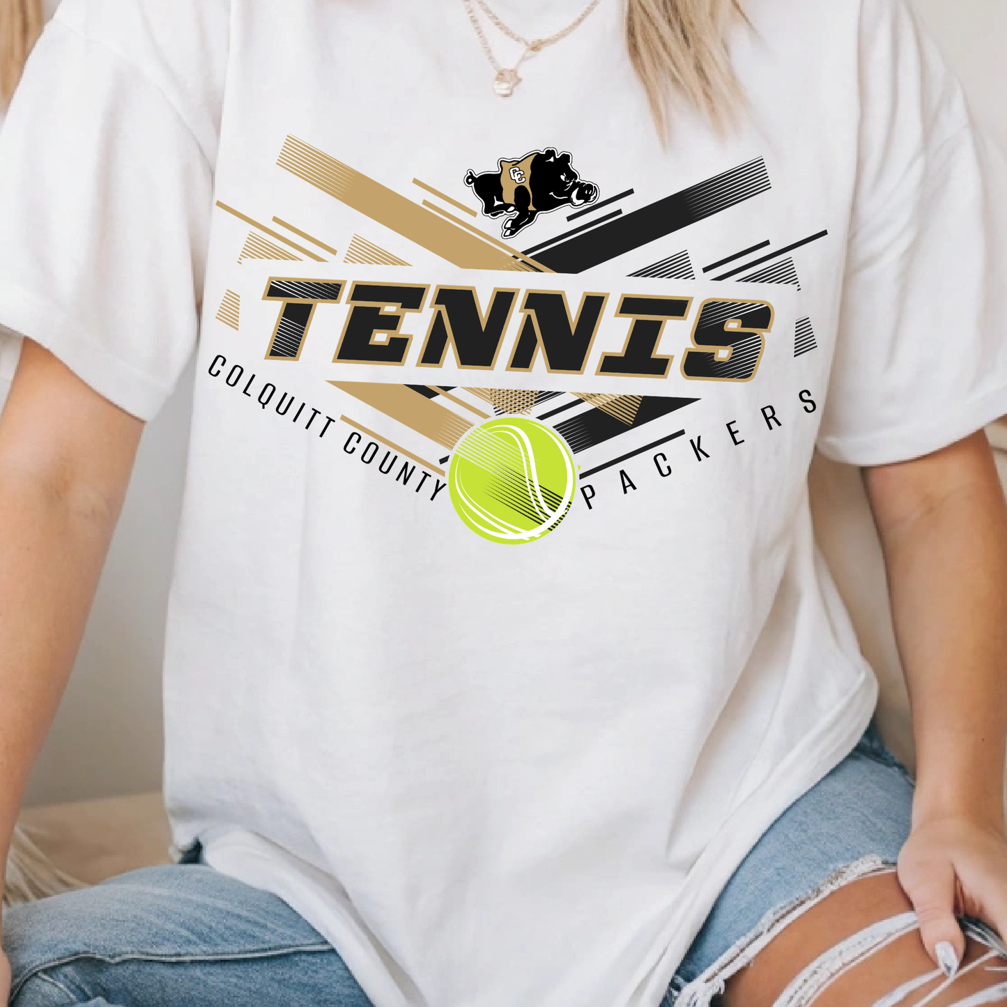 Colquitt County Packers TENNIS Shirt – Neon Tennis Ball Graphic Tee | Black & Gold School Spirit Game Day Shirt | Unisex T-Shirt
