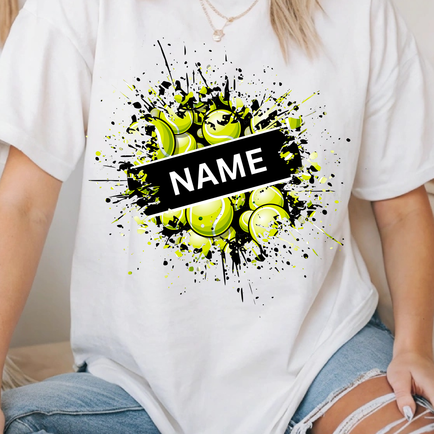 Custom Name Tennis Shirt – Neon Yellow Tennis Ball Splatter Graphic Tee | Personalized Tennis Mom Player Shirt | Unisex Sports T-Shirt