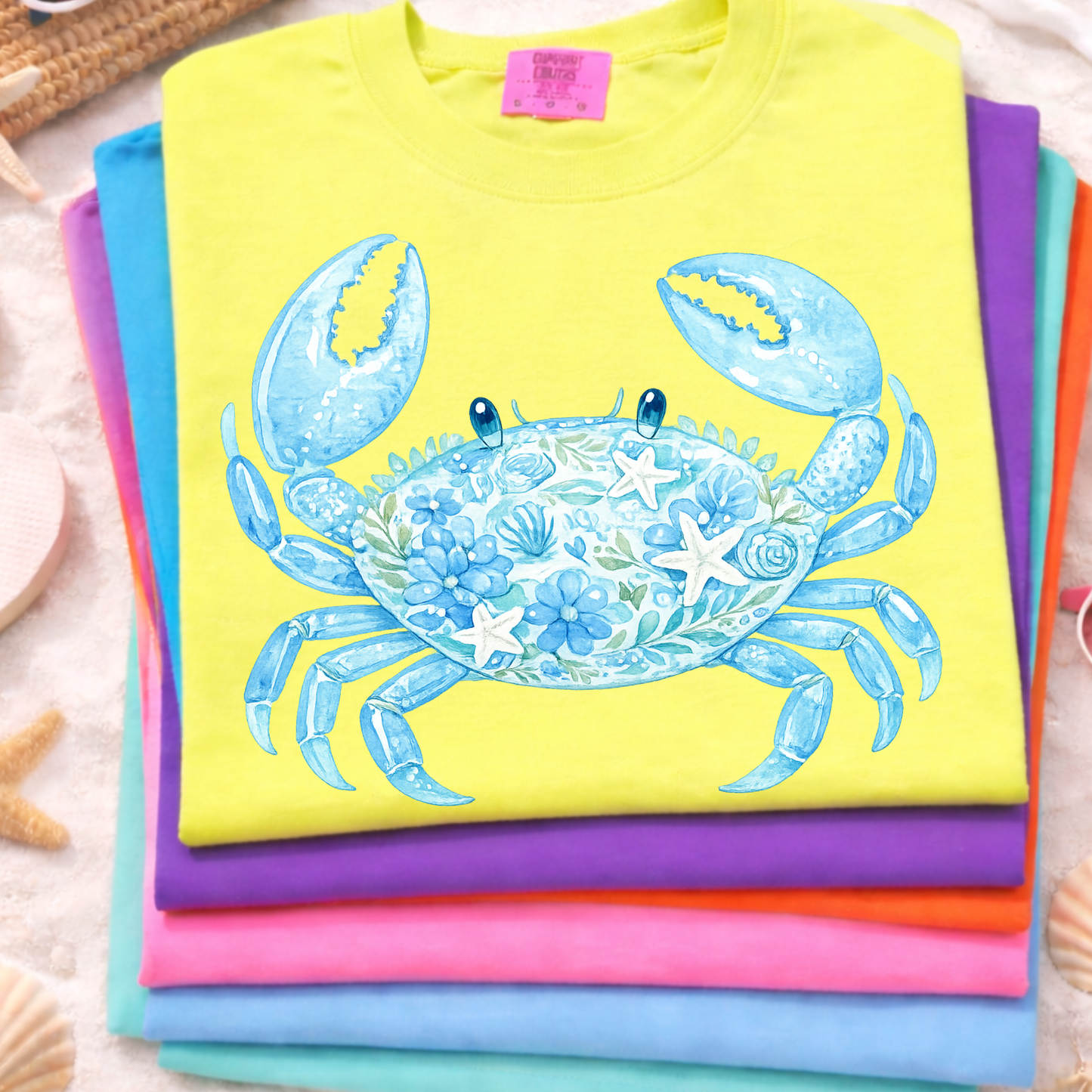 Blue Crab Coastal Graphic T-Shirt, Beach Summer Tee, Watercolor Crab Shirt, Ocean Life Graphic Tee, Cute Coastal Shirt for Women Kids Adults