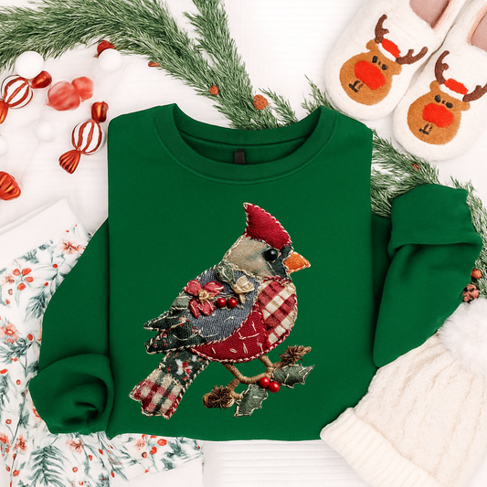 Cardinal Christmas Shirt, Sweatshirt & Hoodie – Patchwork Bird Holiday Design for Kids & Adults
