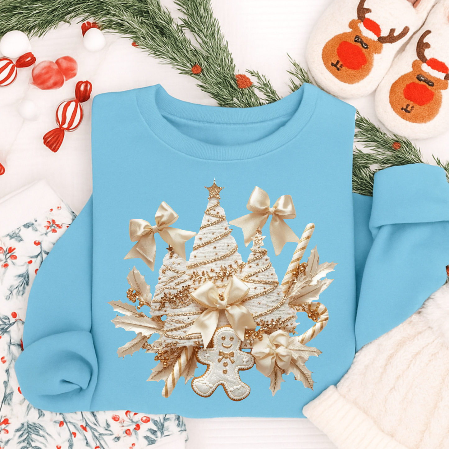 Elegant Gold Christmas Shirt – Luxury Holiday Tree & Gingerbread Design | Kids & Adults T-Shirts, Long Sleeves, Sweatshirts & Hoodies