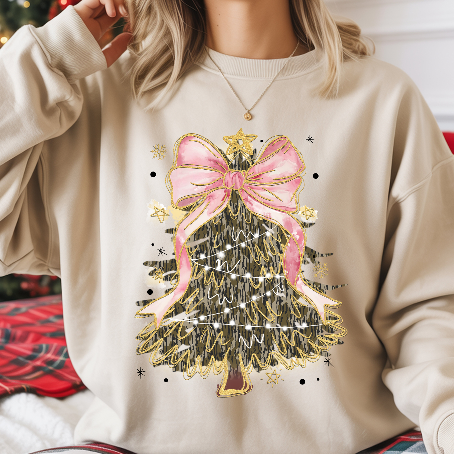 🎀 Camo Christmas Tree Sweatshirt – Pink Bow Holiday Shirt for Women | Trendy Country Christmas Outfit