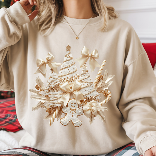 Elegant Gold Christmas Shirt – Luxury Holiday Tree & Gingerbread Design | Kids & Adults T-Shirts, Long Sleeves, Sweatshirts & Hoodies