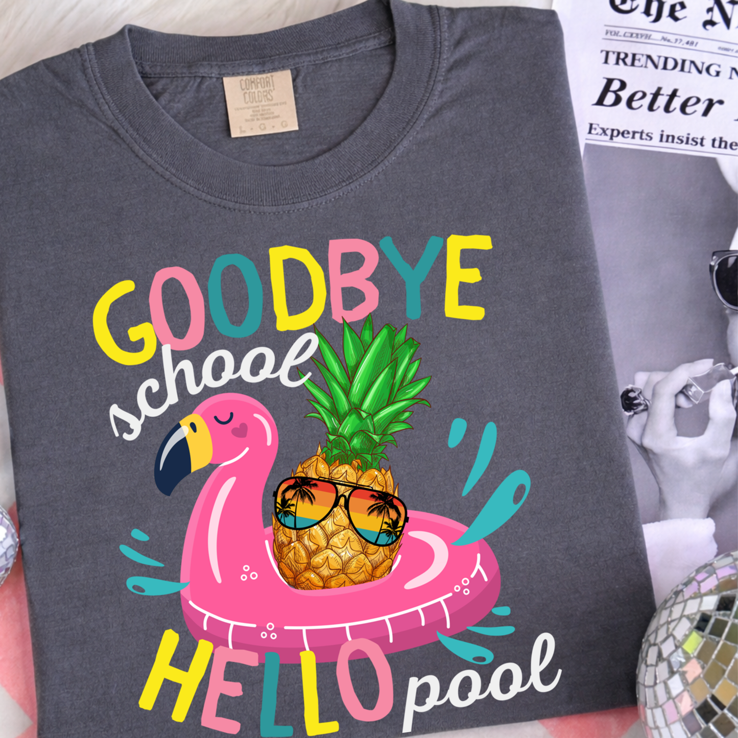 Flamingo Goodbye School Hello Pool Shirt, Cute Last Day of School Summer Break Tee, Teacher Vacation Graphic Tee
