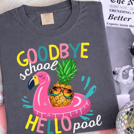 Flamingo Goodbye School Hello Pool Shirt, Cute Last Day of School Summer Break Tee, Teacher Vacation Graphic Tee
