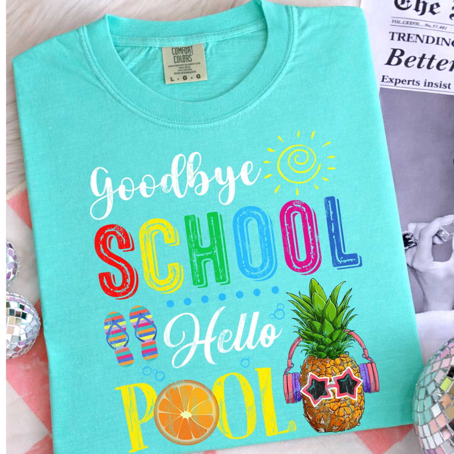 Goodbye School Hello Pool Pineapple Shirt, Cute Summer Break Teacher Tee, Last Day of School Vacation Graphic Shirt