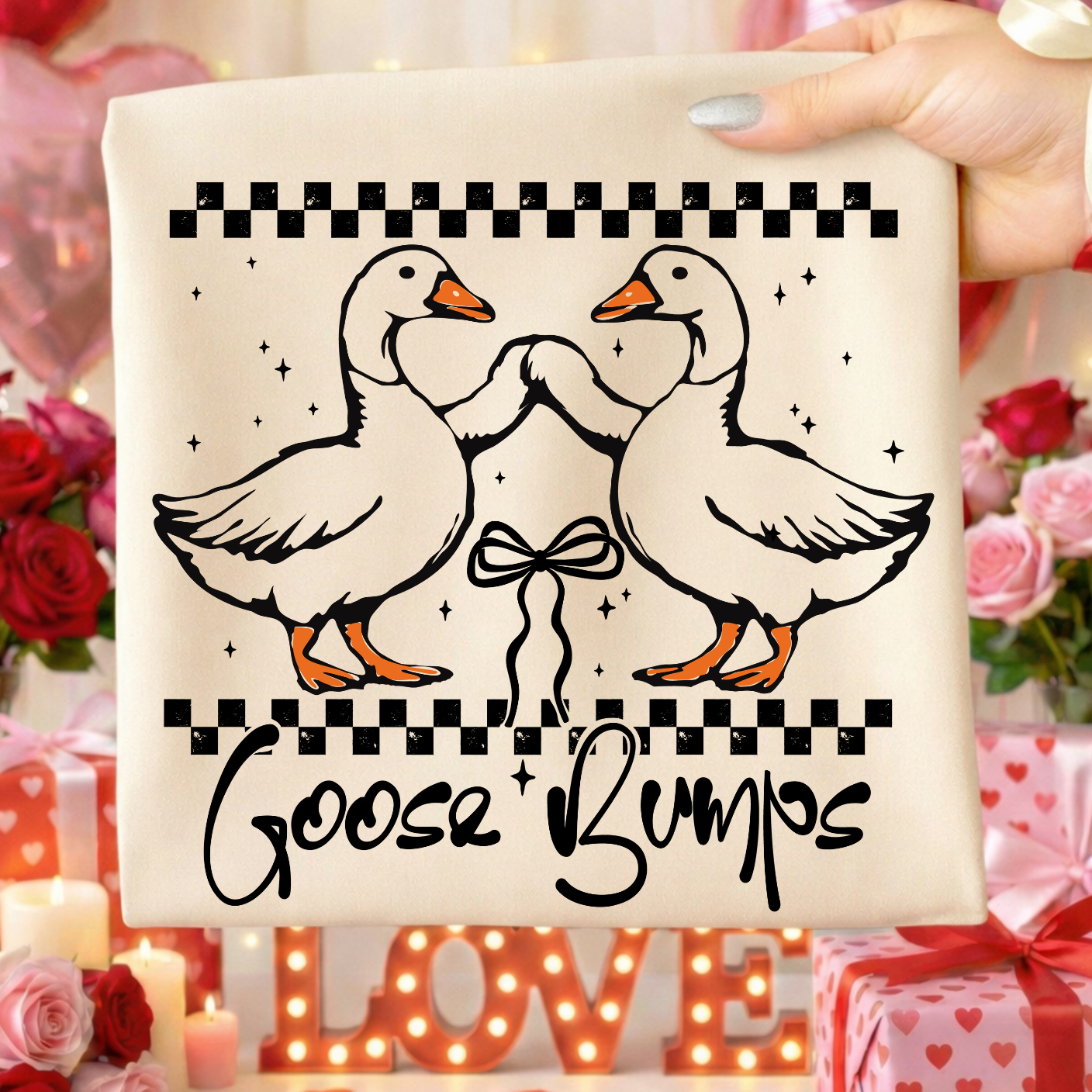 Goose Bumps Valentine Shirt | Funny Goose Valentine T-Shirt for Kids & Adults (black ink)