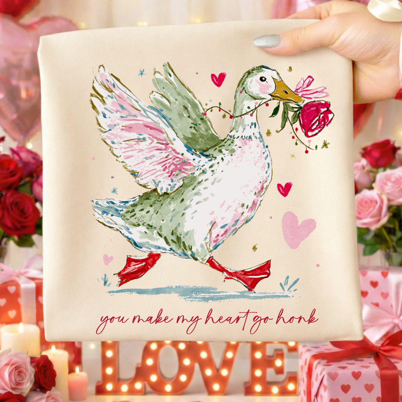 You Make My Heart Go Honk Valentine Shirt | Watercolor Goose Valentine T-Shirt for Kids & Adults