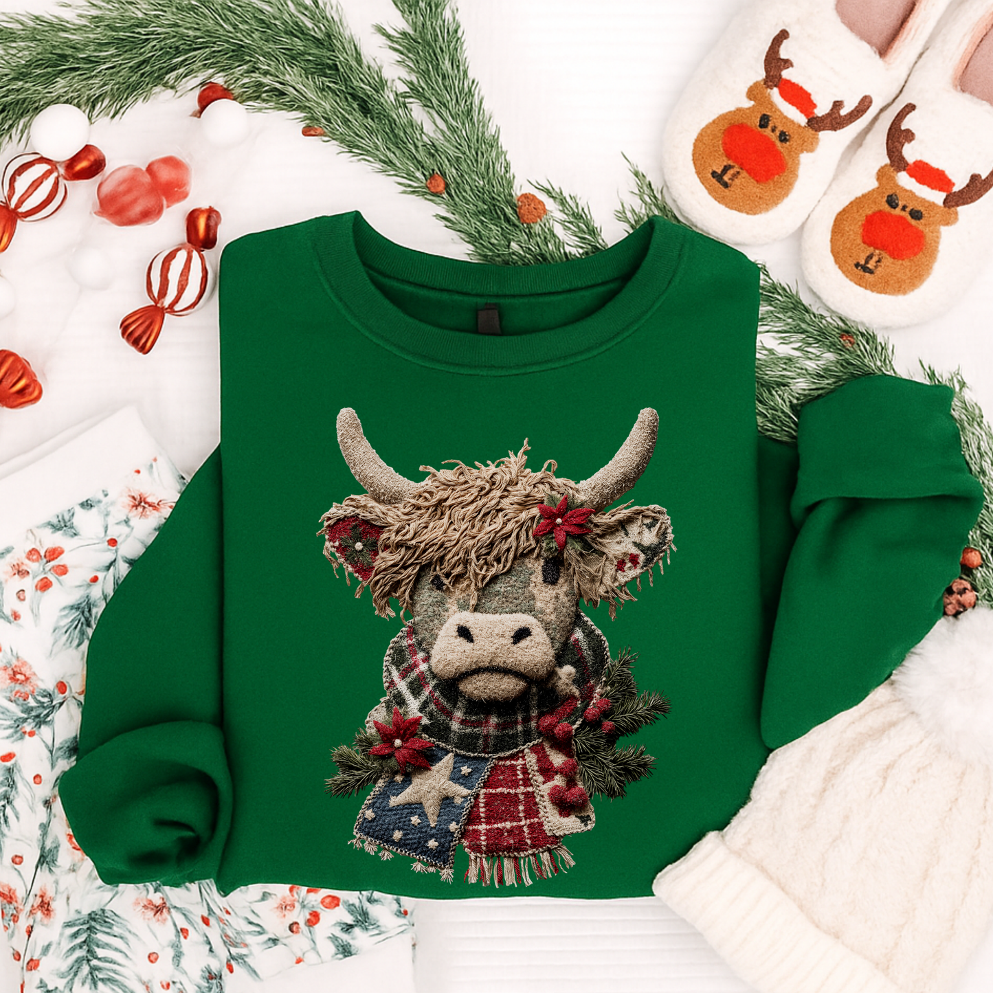Highland Cow Christmas Shirt – Cozy Holiday Highland Cow Tee for Kids & Adults | Winter Plaid Scarf Cow Sweatshirt, T-Shirt, Long Sleeve & Hoodie