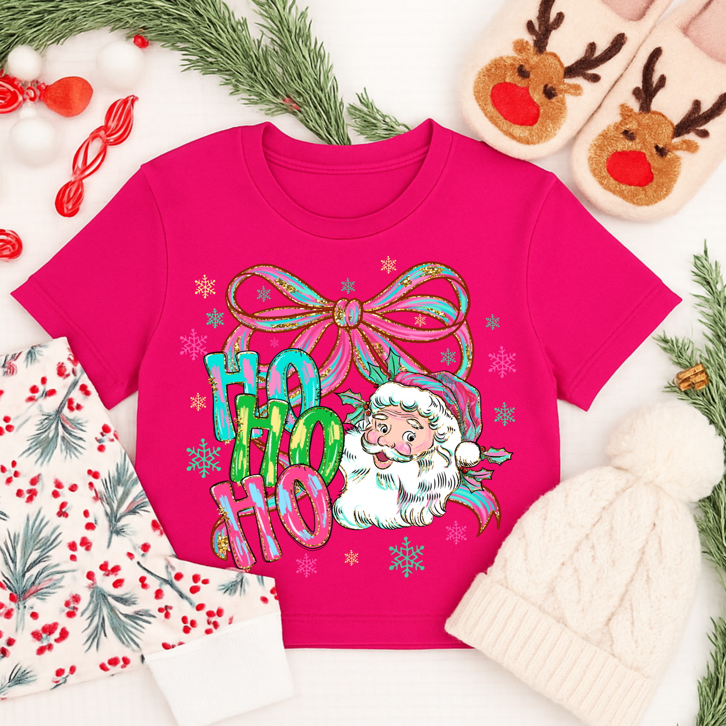 Ho Ho Ho Santa Christmas Shirt – Retro Santa Tee with Bow & Snowflakes | Kids & Adults Christmas T-Shirt, Long Sleeve, Sweatshirt & Hoodie