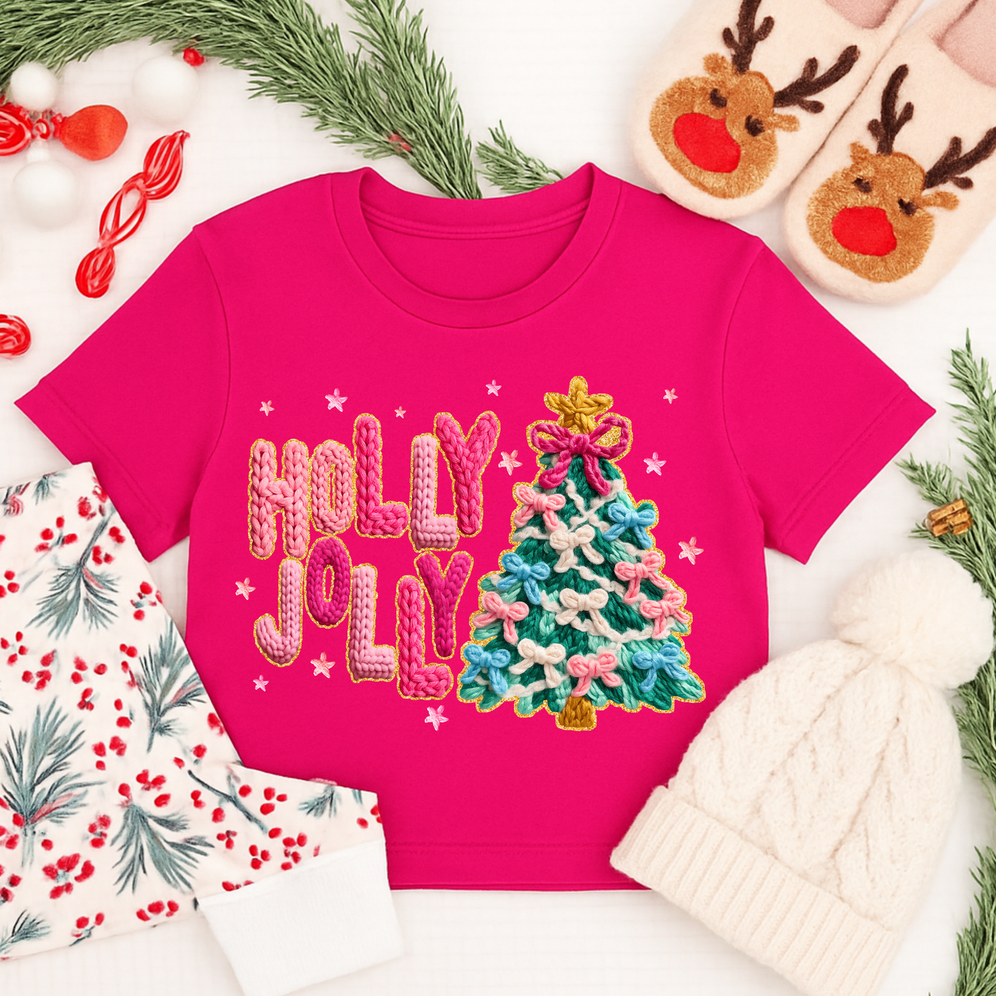 Holly Jolly Christmas Shirt – Cute Yarn Texture Christmas Tree Tee for Kids & Adults | Pink Holiday Shirt, Long Sleeve, Sweatshirt & Hoodie