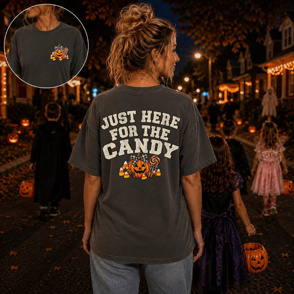 Just Here for the Candy Halloween Shirt – Pumpkin & Candy Corn Front and Back Graphic Tee